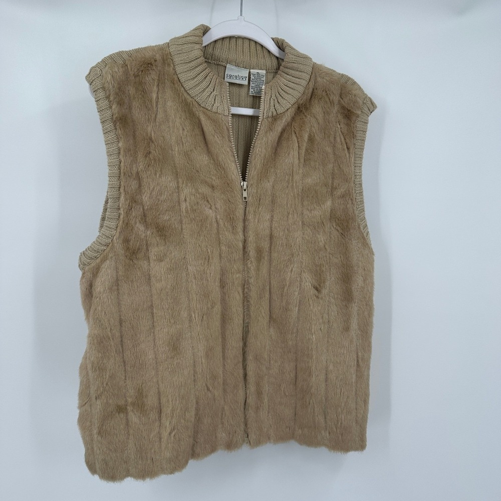 Womens Boho Faux Fur Vest Size XL Zip Neutral Minimalist Festival Cozy Beige